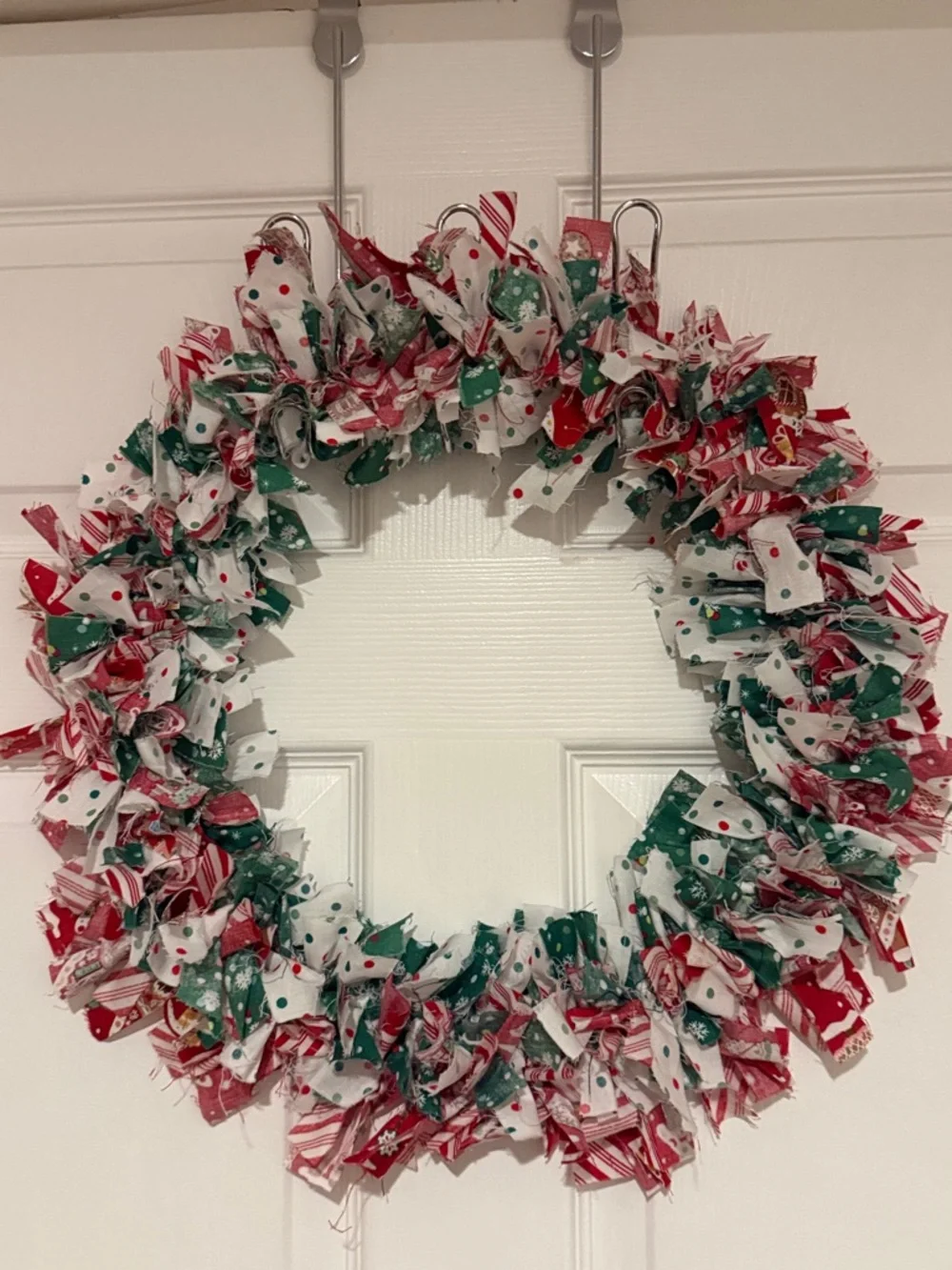 Homemade!! Tied Festive Red, Green & White Holiday Rag Wreath